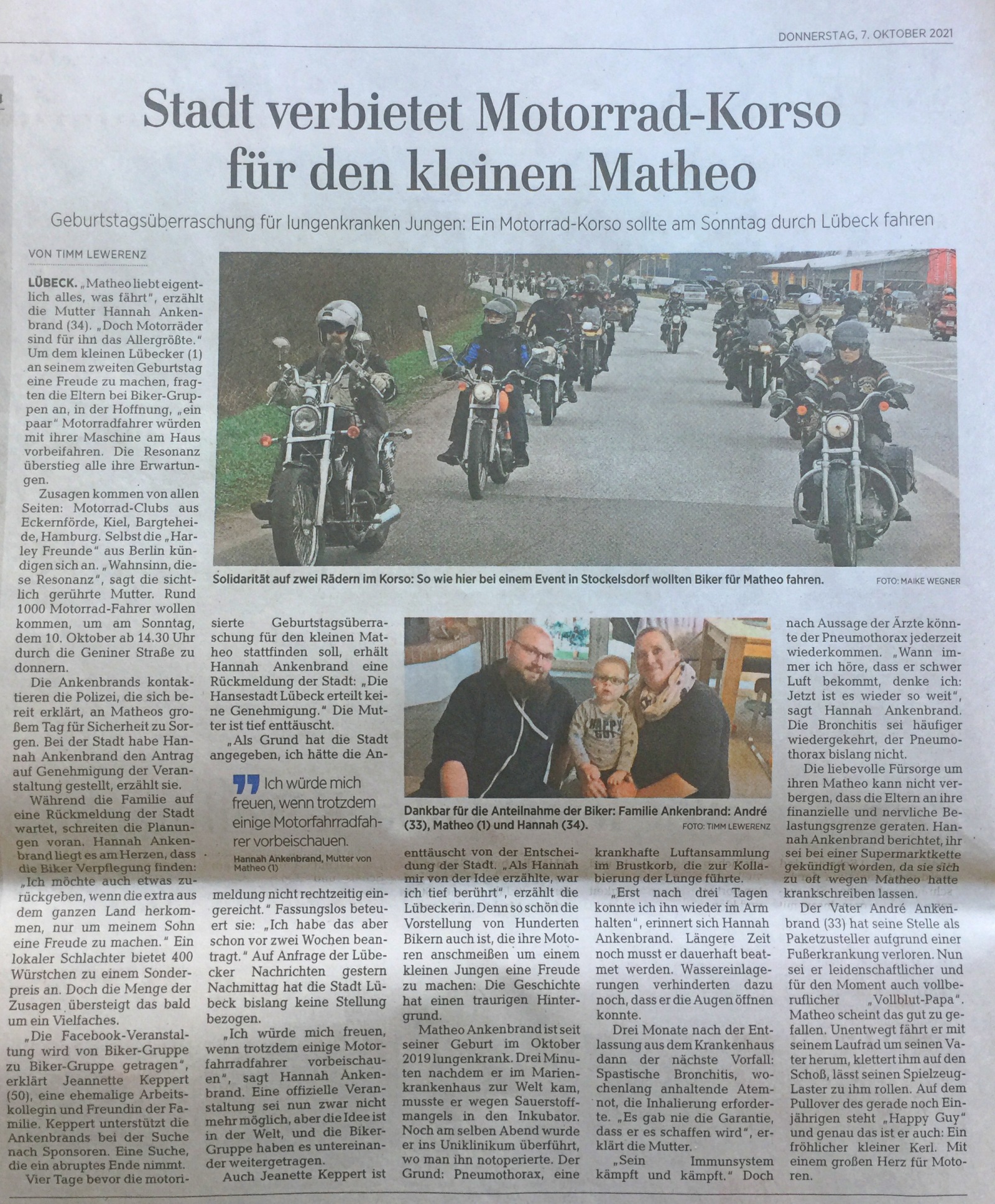Artikel über Motorrad-Korso für den kleinen Matheo