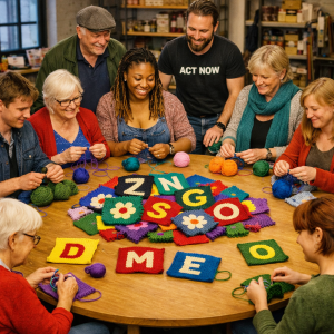Eine Gruppe Menschen sitzt um einen runden Tisch und häkelt gemeinsam Quadrate.