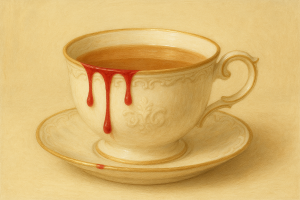 Eine Teetasse, an deren Rand drei Blutstropfen kleben